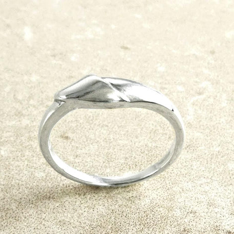Une bague en argent massif 925 avec un anneau lisse et arrondi et un motif incurvé en relief sur la face. La bague a une finition polie, reflétant la lumière. La bague est un bijou pose à la verticale. Vu d'en haut.
Le meilleur du local : fait main, durable. Boutique fiable, milliers d'avis.