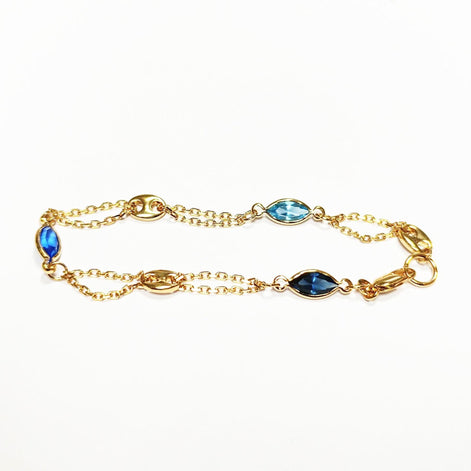 Topaz Link Bracelet • 18K Gold Plated Double Chain with 3 Blue Color Tones Marquise CZ Stones & Coffee Bean Links • Everyday Women Jewelry