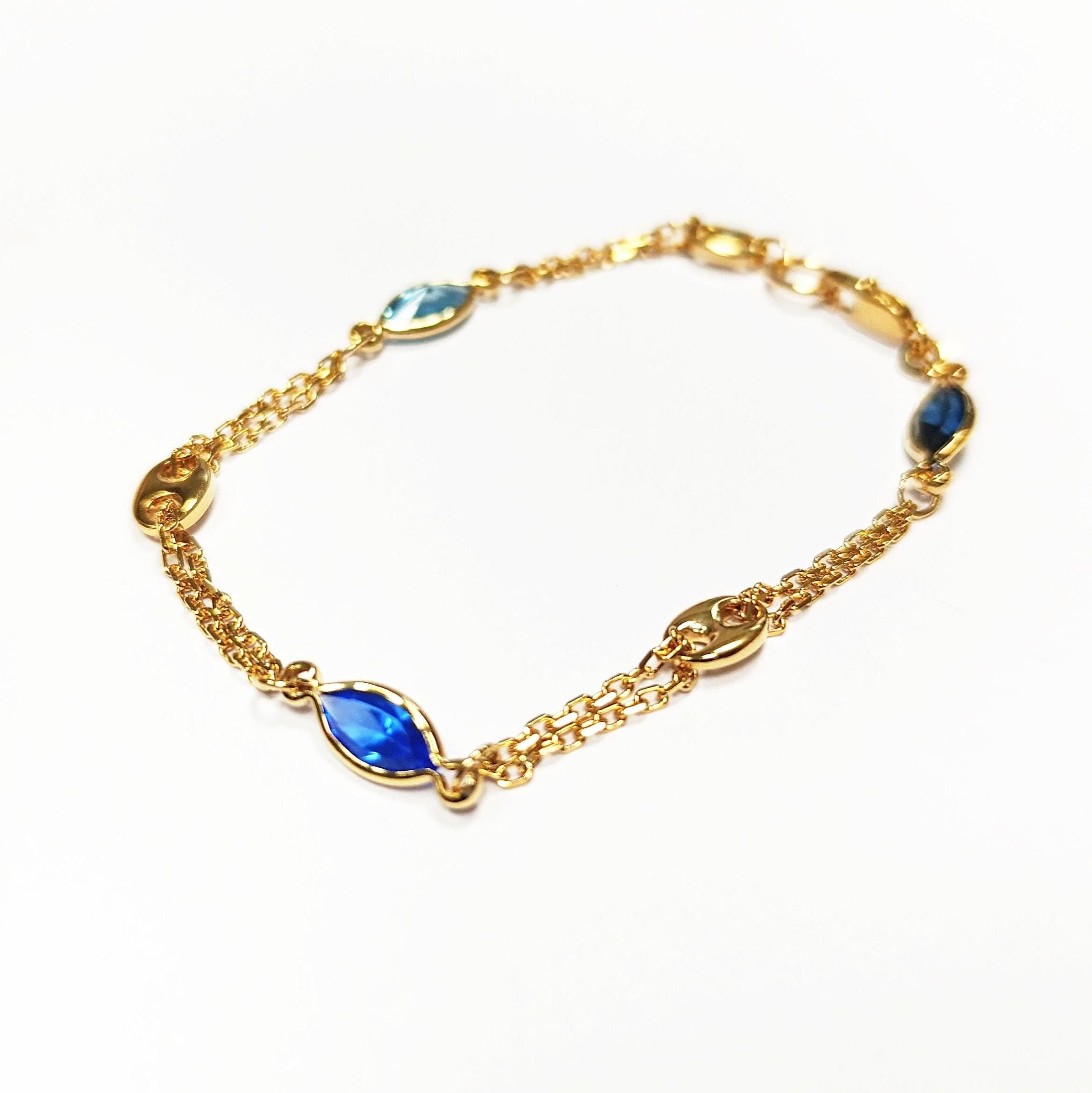 Topaz Link Bracelet • 18K Gold Plated Double Chain with 3 Blue Color Tones Marquise CZ Stones & Coffee Bean Links • Everyday Women Jewelry