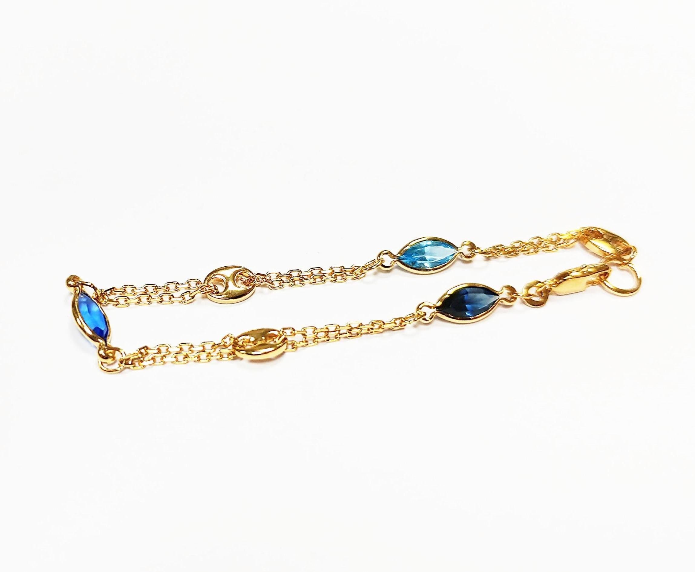 Topaz Link Bracelet • 18K Gold Plated Double Chain with 3 Blue Color Tones Marquise CZ Stones & Coffee Bean Links • Everyday Women Jewelry