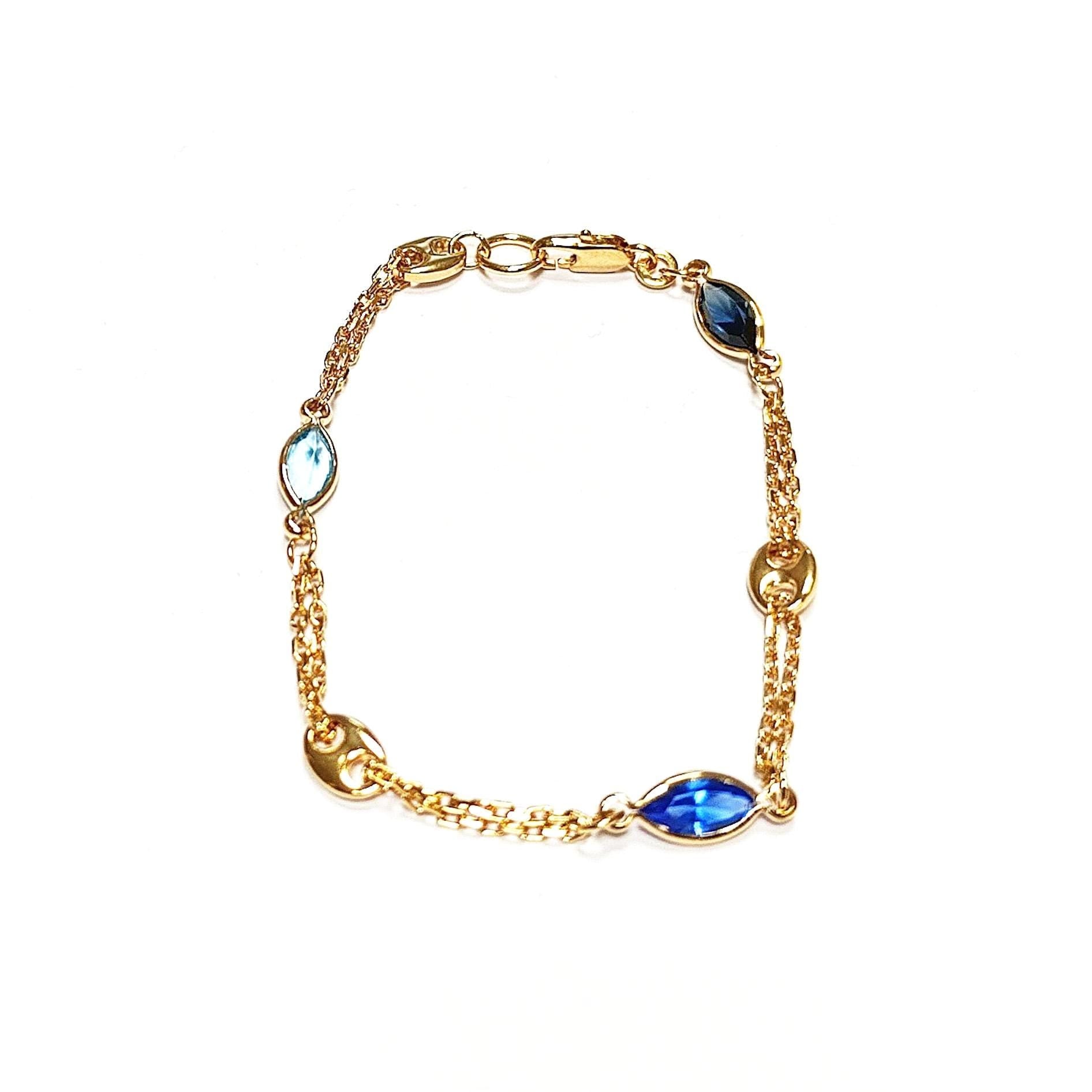 Topaz Link Bracelet • 18K Gold Plated Double Chain with 3 Blue Color Tones Marquise CZ Stones & Coffee Bean Links • Everyday Women Jewelry