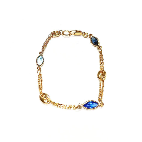 Topaz Link Bracelet • 18K Gold Plated Double Chain with 3 Blue Color Tones Marquise CZ Stones & Coffee Bean Links • Everyday Women Jewelry