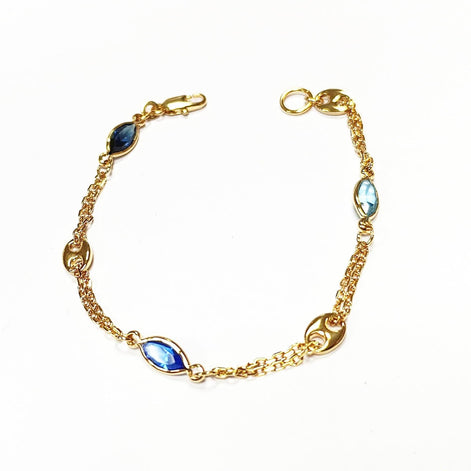 Topaz Link Bracelet • 18K Gold Plated Double Chain with 3 Blue Color Tones Marquise CZ Stones & Coffee Bean Links • Everyday Women Jewelry