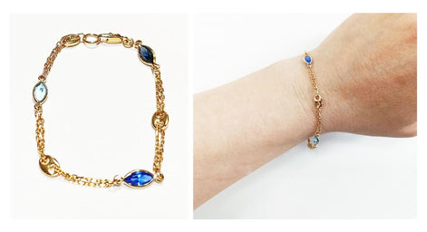 Topaz Link Bracelet • 18K Gold Plated Double Chain with 3 Blue Color Tones Marquise CZ Stones & Coffee Bean Links • Everyday Women Jewelry