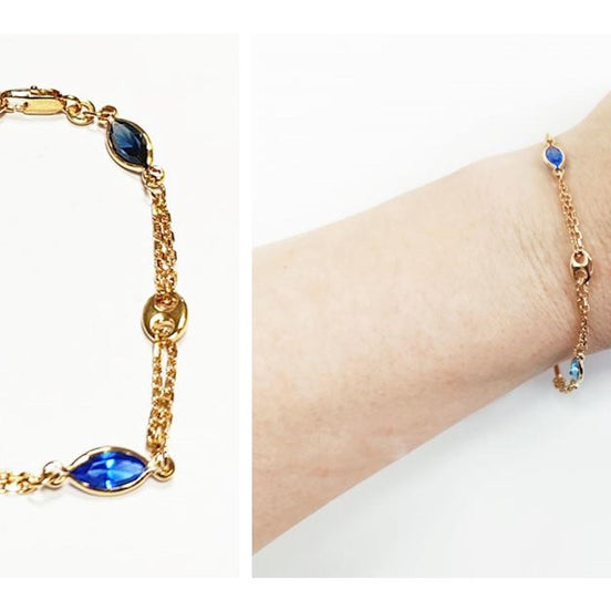 Topaz Link Bracelet • 18K Gold Plated Double Chain with 3 Blue Color Tones Marquise CZ Stones & Coffee Bean Links • Everyday Women Jewelry