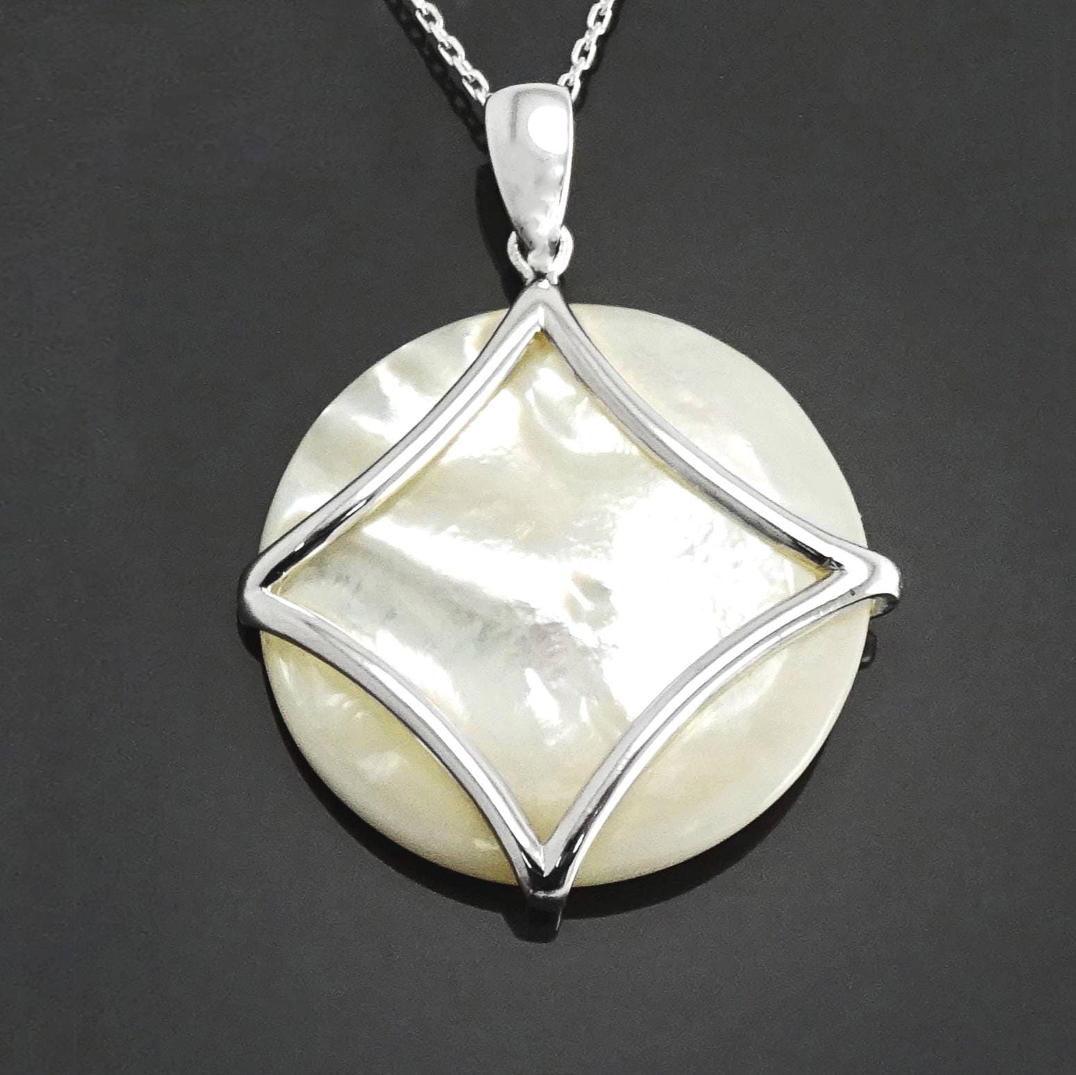White Round Pendant, Sterling Silver, Genuine White Mother of Pearl Shell, Minimalist Modern Geometric Stone Necklace, Statement jewelry