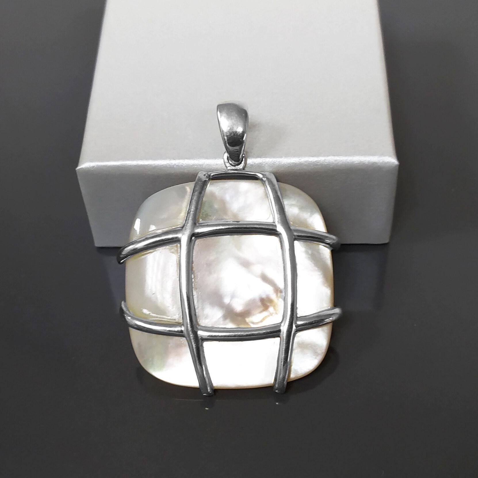 Square Shell Pendant, Sterling Silver, GENUINE MOP Mother of Pearl, Statement Modern Geometric White Stone Necklace, Original Lace Jewelry