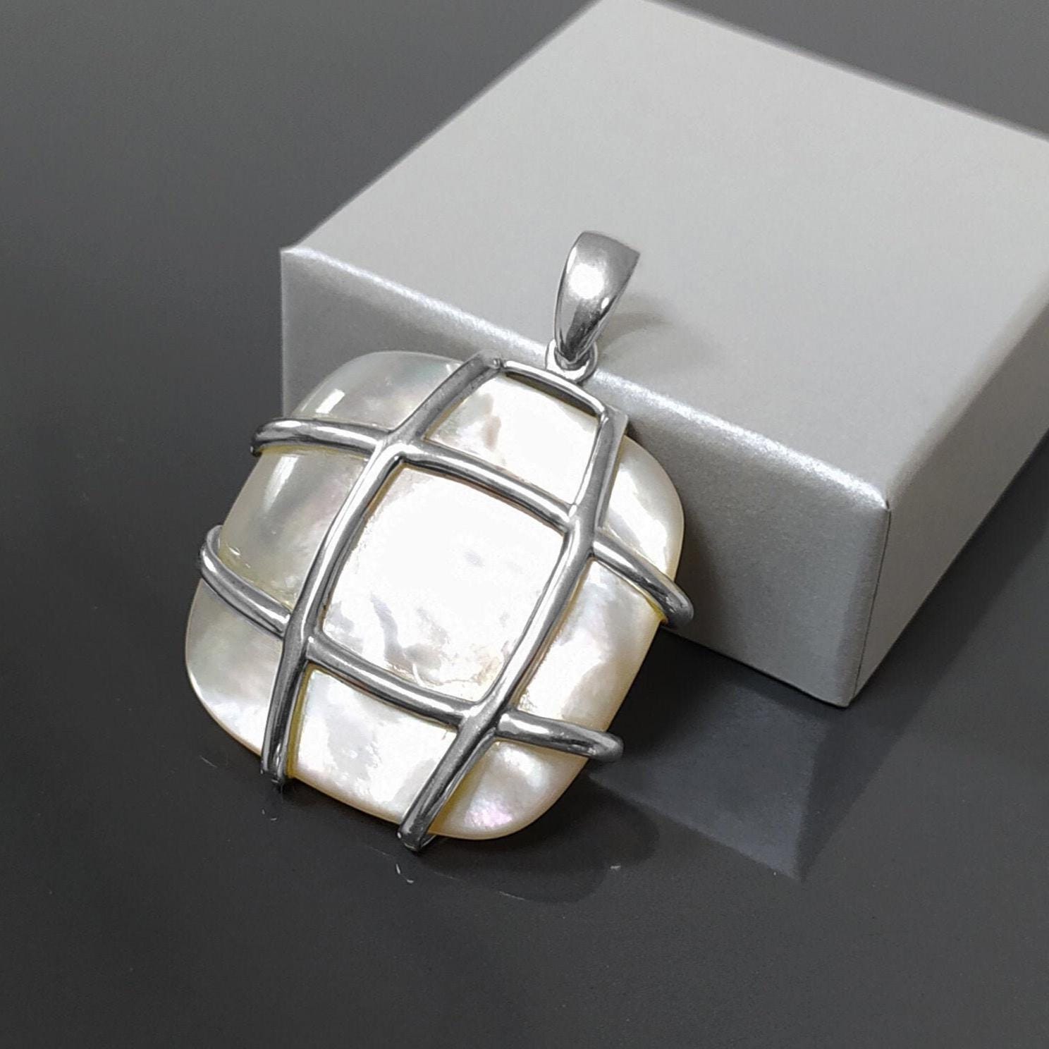 Square Shell Pendant, Sterling Silver, GENUINE MOP Mother of Pearl, Statement Modern Geometric White Stone Necklace, Original Lace Jewelry