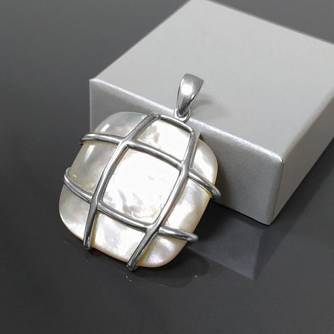 Square Shell Pendant, Sterling Silver, GENUINE MOP Mother of Pearl, Statement Modern Geometric White Stone Necklace, Original Lace Jewelry