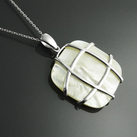 Square Shell Pendant, Sterling Silver, GENUINE MOP Mother of Pearl, Statement Modern Geometric White Stone Necklace, Original Lace Jewelry