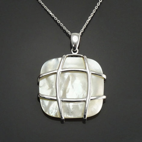 Square Shell Pendant, Sterling Silver, GENUINE MOP Mother of Pearl, Statement Modern Geometric White Stone Necklace, Original Lace Jewelry