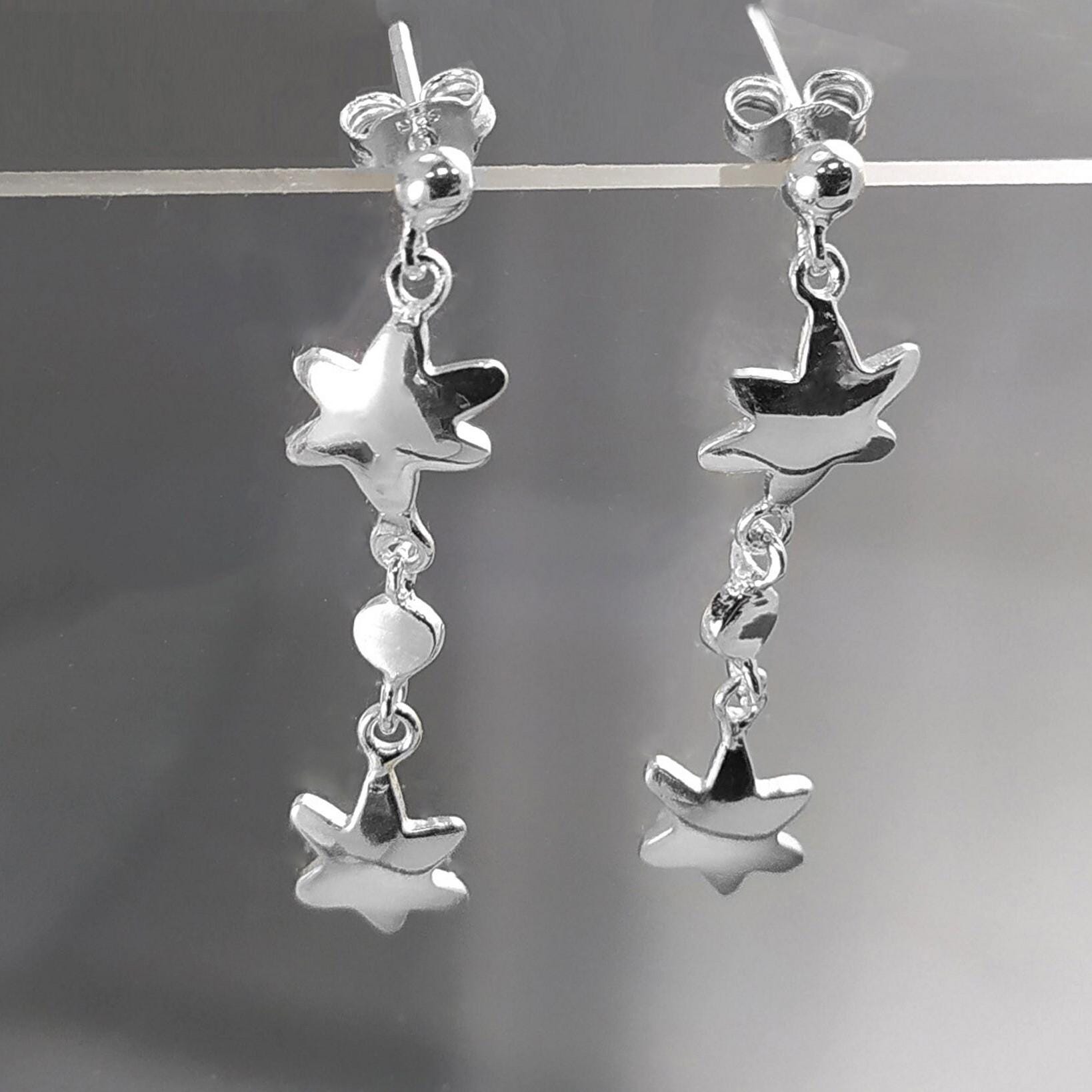 Trend Stars Earrings, Sterling Silver, Dangle Flat Star, Universe Cluster of Stars, Starry Constellation Jewelry, Cosmos Theme Shooting Star