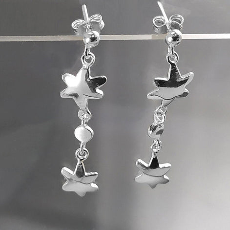 Trend Stars Earrings, Sterling Silver, Dangle Flat Star, Universe Cluster of Stars, Starry Constellation Jewelry, Cosmos Theme Shooting Star