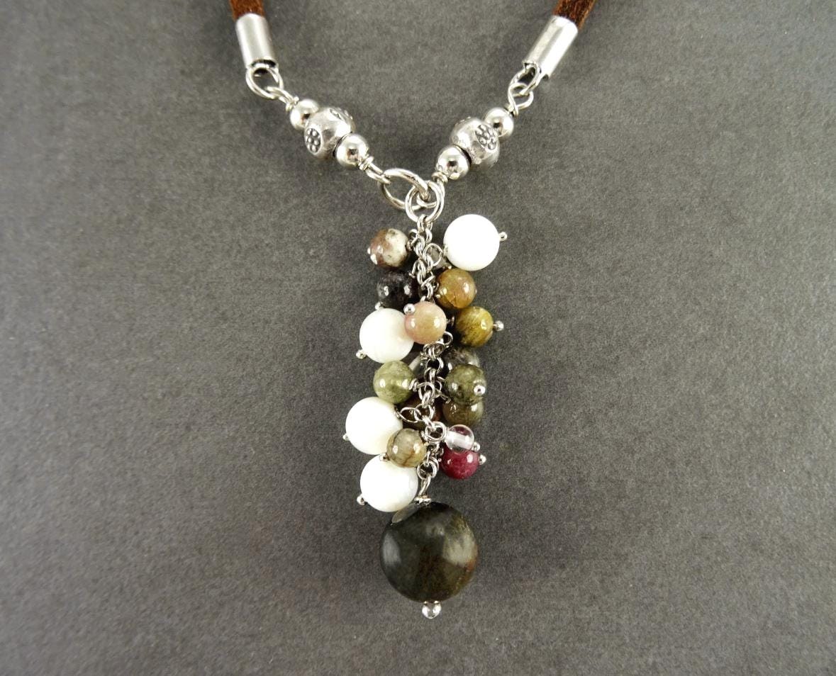Mixed Stones Necklace Sterling silver, Mixed NATURAL Stones Drop Necklace, Lariat Cluster Gemstone Pendant, Brown Leather Jewelry