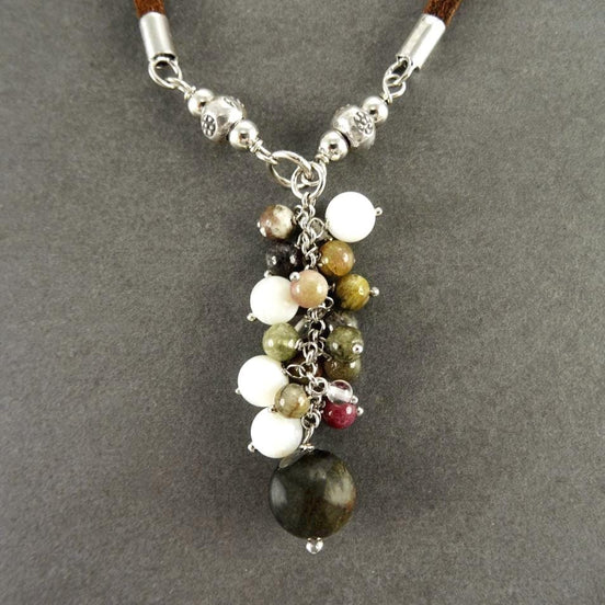 Mixed Stones Necklace Sterling silver, Mixed NATURAL Stones Drop Necklace, Lariat Cluster Gemstone Pendant, Brown Leather Jewelry