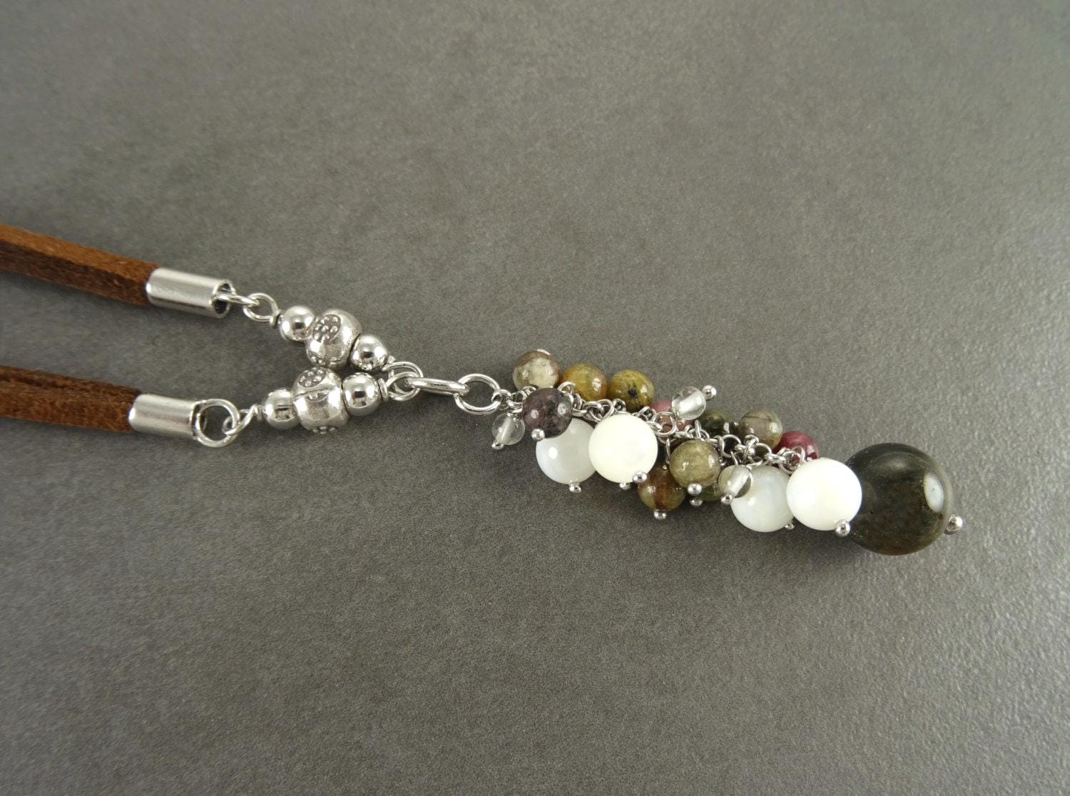 Mixed Stones Necklace Sterling silver, Mixed NATURAL Stones Drop Necklace, Lariat Cluster Gemstone Pendant, Brown Leather Jewelry