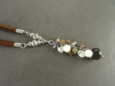 Mixed Stones Necklace Sterling silver, Mixed NATURAL Stones Drop Necklace, Lariat Cluster Gemstone Pendant, Brown Leather Jewelry