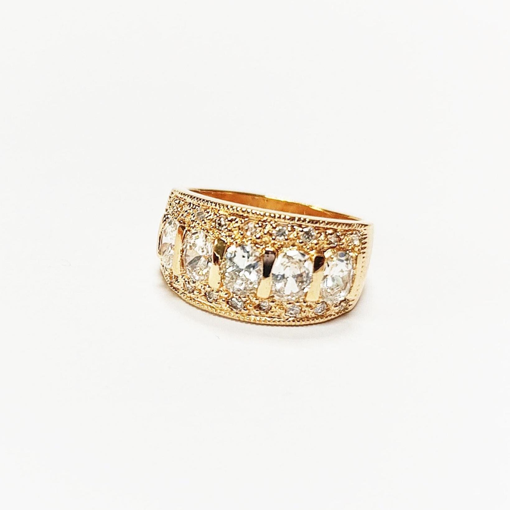 Diamond Gold Band Ring, Elegant 18K Gold-Plated White Diamond CZ Stones, April Birthstone Jewelry, Statement Cocktail Wedding, Birthday Gift