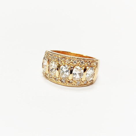 Diamond Gold Band Ring, Elegant 18K Gold-Plated White Diamond CZ Stones, April Birthstone Jewelry, Statement Cocktail Wedding, Birthday Gift