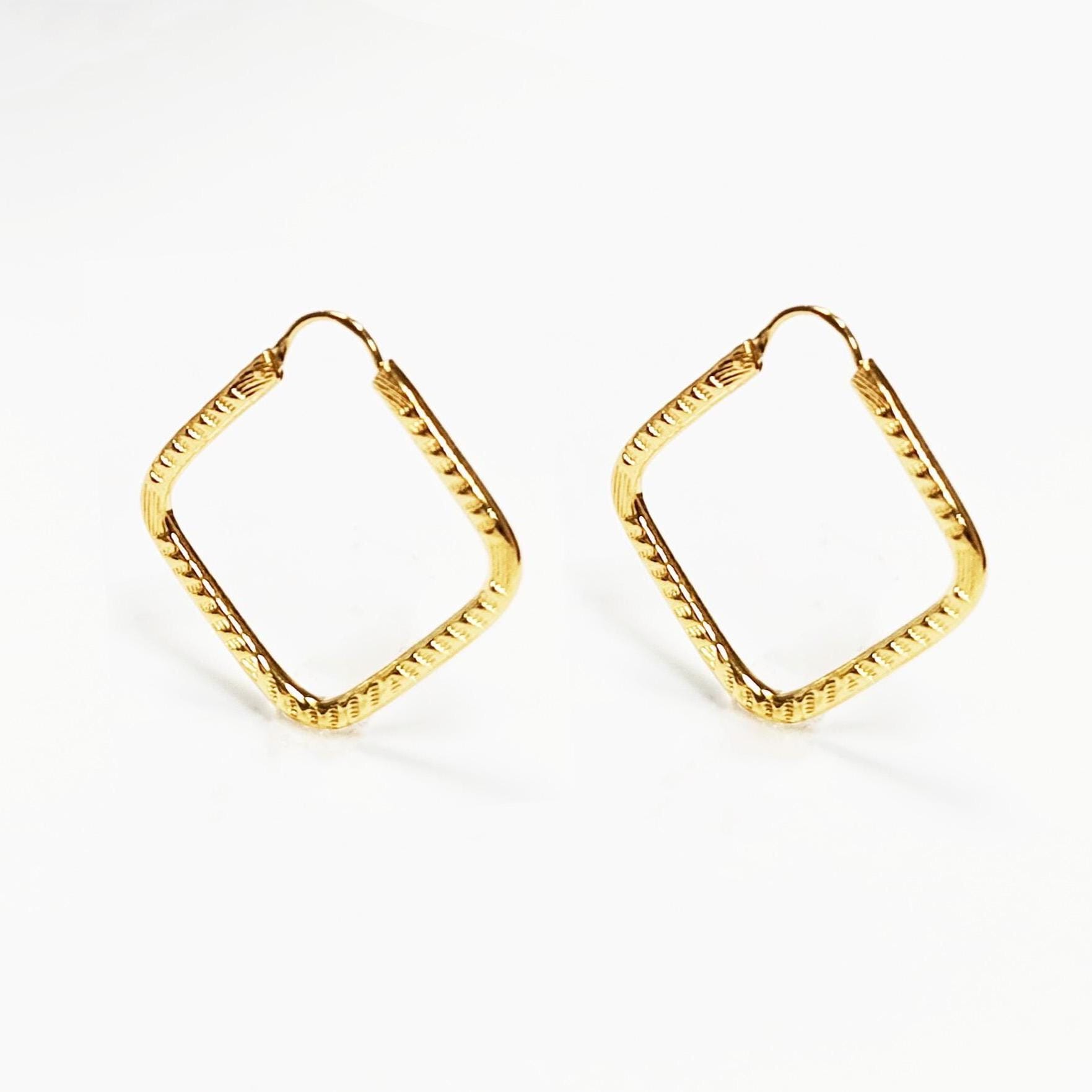 Textured Square Hoop Earrings • 18K Gold-Plated Geometric Hoops • Lightweight Modern Jewelry