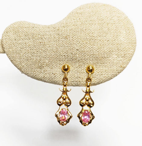 Modern Victorian-Inspired Drop Earrings • Gold-Plated Elegant Design Filigree and Pink Cz Stone • Women Glam Jewelry • Unique Gift for Her