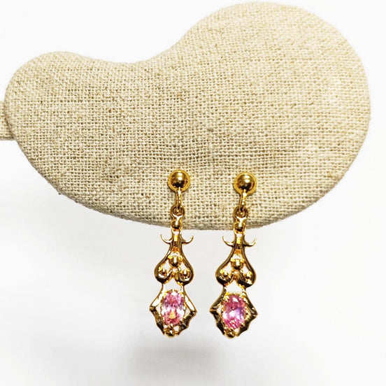 Modern Victorian-Inspired Drop Earrings • Gold-Plated Elegant Design Filigree and Pink Cz Stone • Women Glam Jewelry • Unique Gift for Her