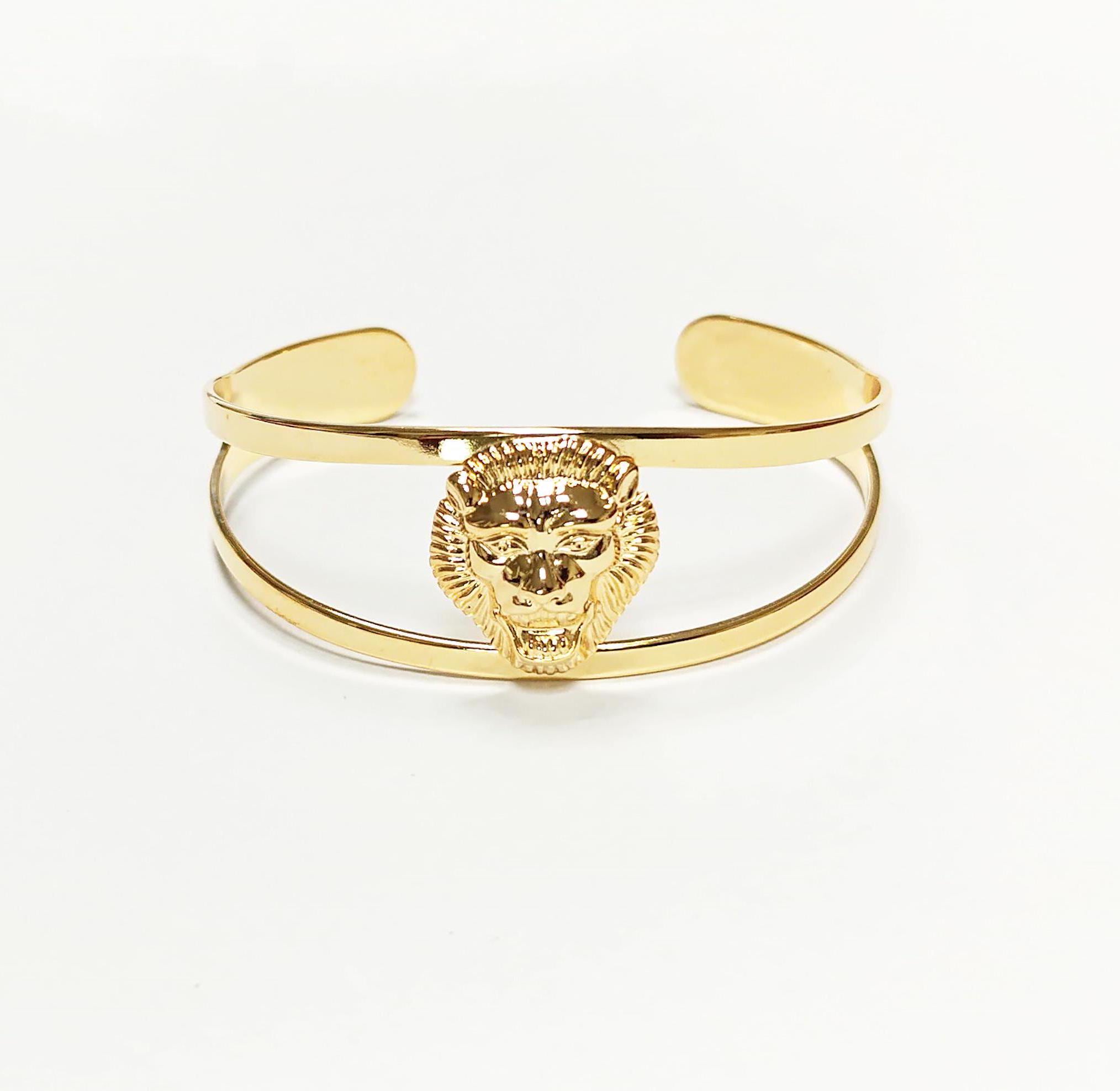 Gold Lion Head Cuff Bracelet • 18K Gold Plated Bangle • Fierce King of the Jungle Powerful Symbol of Power & Strength Jewelry • Women Gift