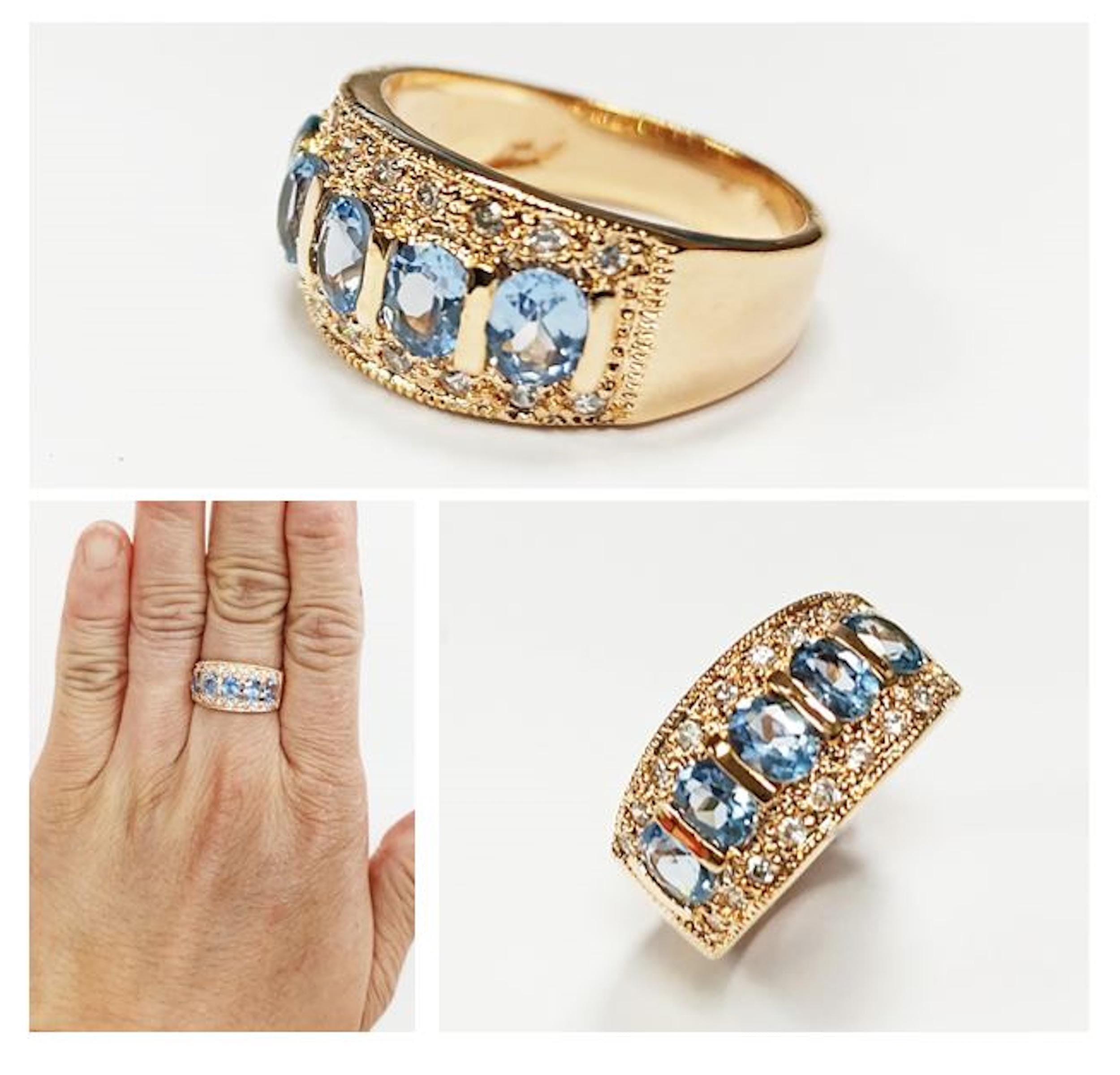 Blue CZ Stones 18K Gold-Plated, Aquamarine Gold Band Ring, Elegant March Birthstone Jewelry, Cocktail Ring, Gift for Her, Vintage Ring