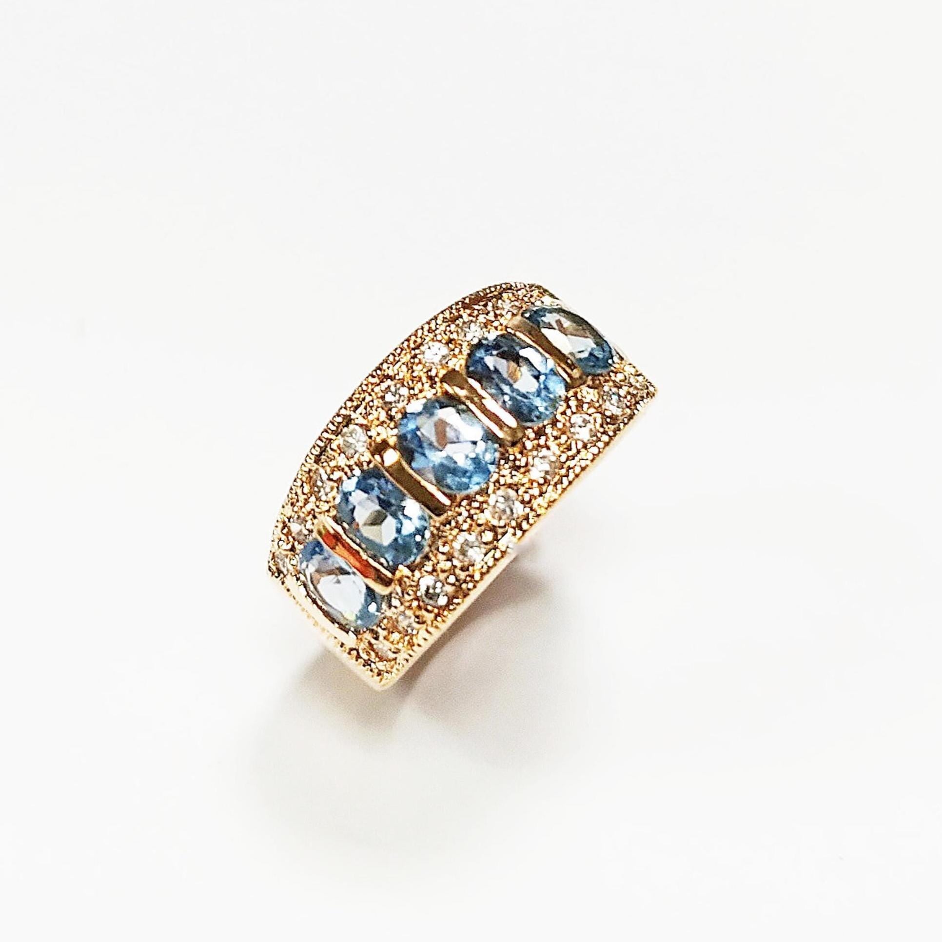 Blue CZ Stones 18K Gold-Plated, Aquamarine Gold Band Ring, Elegant March Birthstone Jewelry, Cocktail Ring, Gift for Her, Vintage Ring