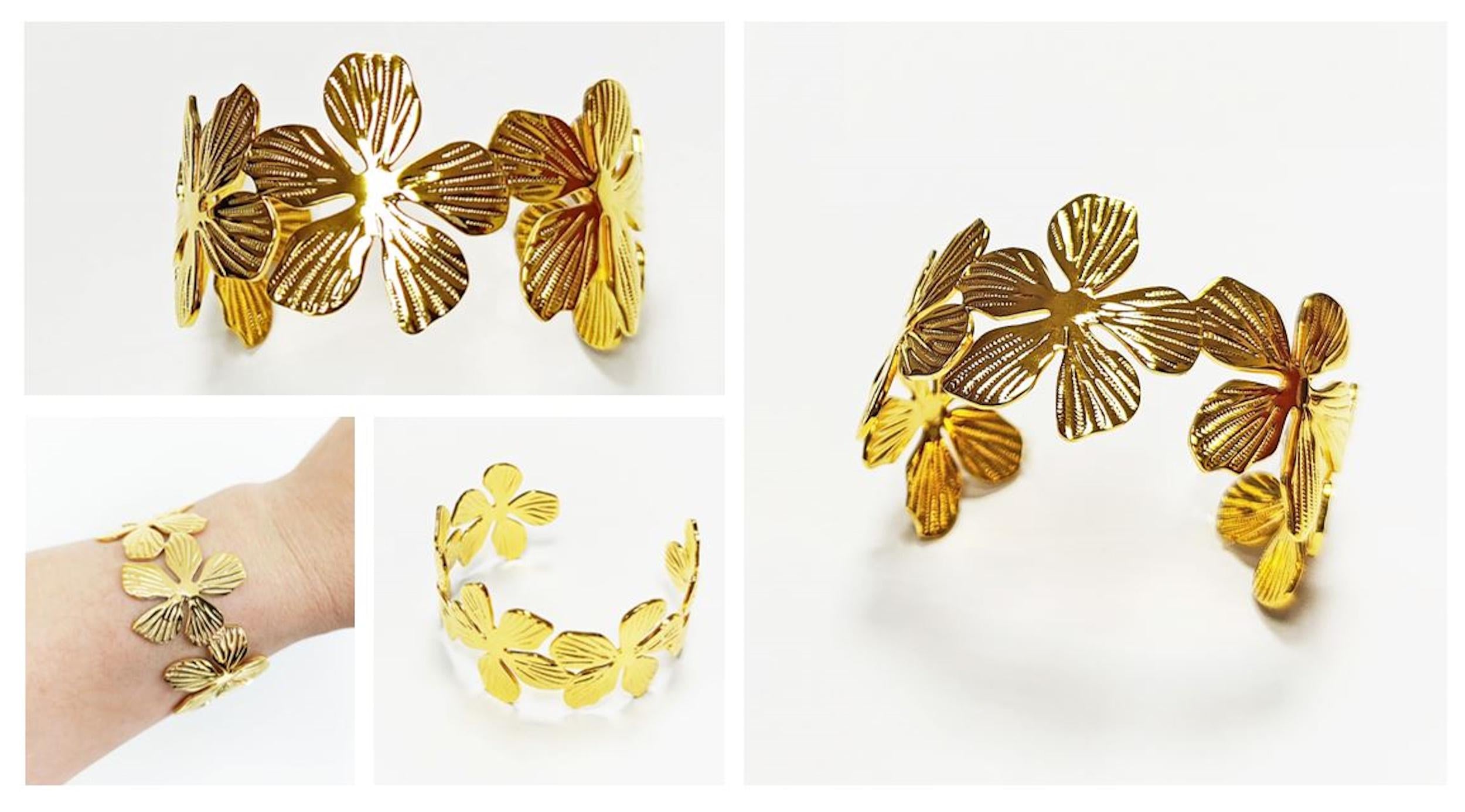 18K Gold Filled Orchid Cuff Bracelet • Floral Statement Bangle