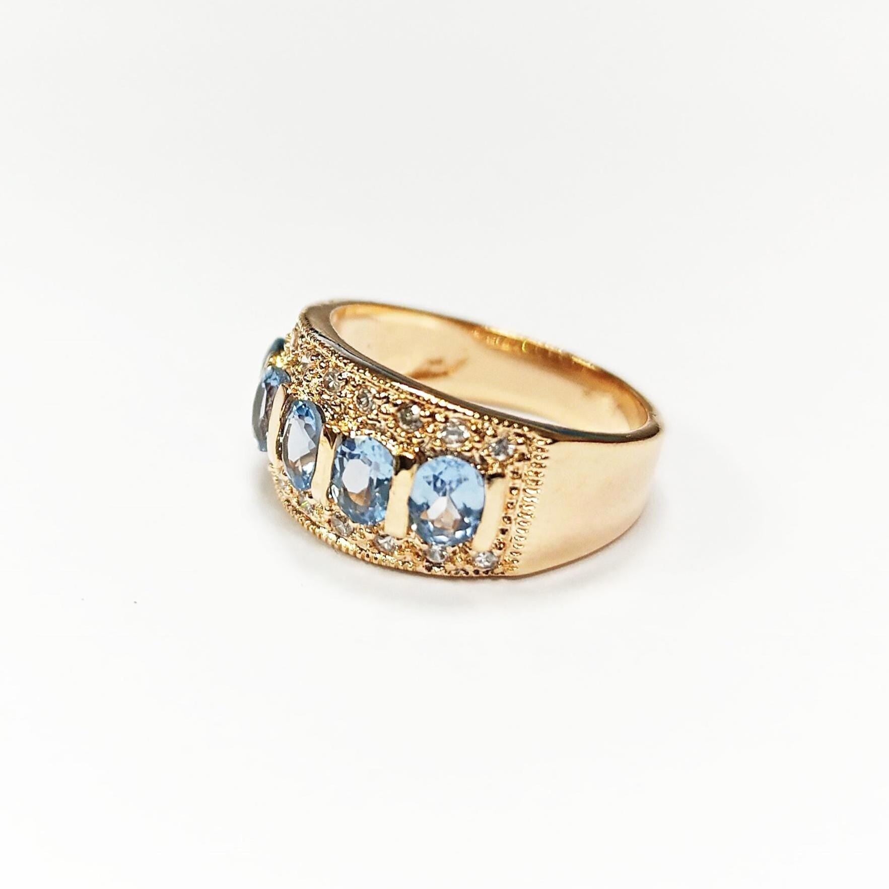 Blue CZ Stones 18K Gold-Plated, Aquamarine Gold Band Ring, Elegant March Birthstone Jewelry, Cocktail Ring, Gift for Her, Vintage Ring