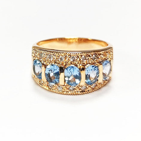 Blue CZ Stones 18K Gold-Plated, Aquamarine Gold Band Ring, Elegant March Birthstone Jewelry, Cocktail Ring, Gift for Her, Vintage Ring