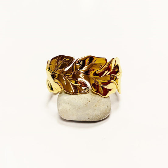 Tropical Leaf Cuff Bracelet • 18K Gold Filled • Nature Inspired Motif Open Wide Bangle • Boho Foliage Jewelry • Unique Woman Botanical Gift