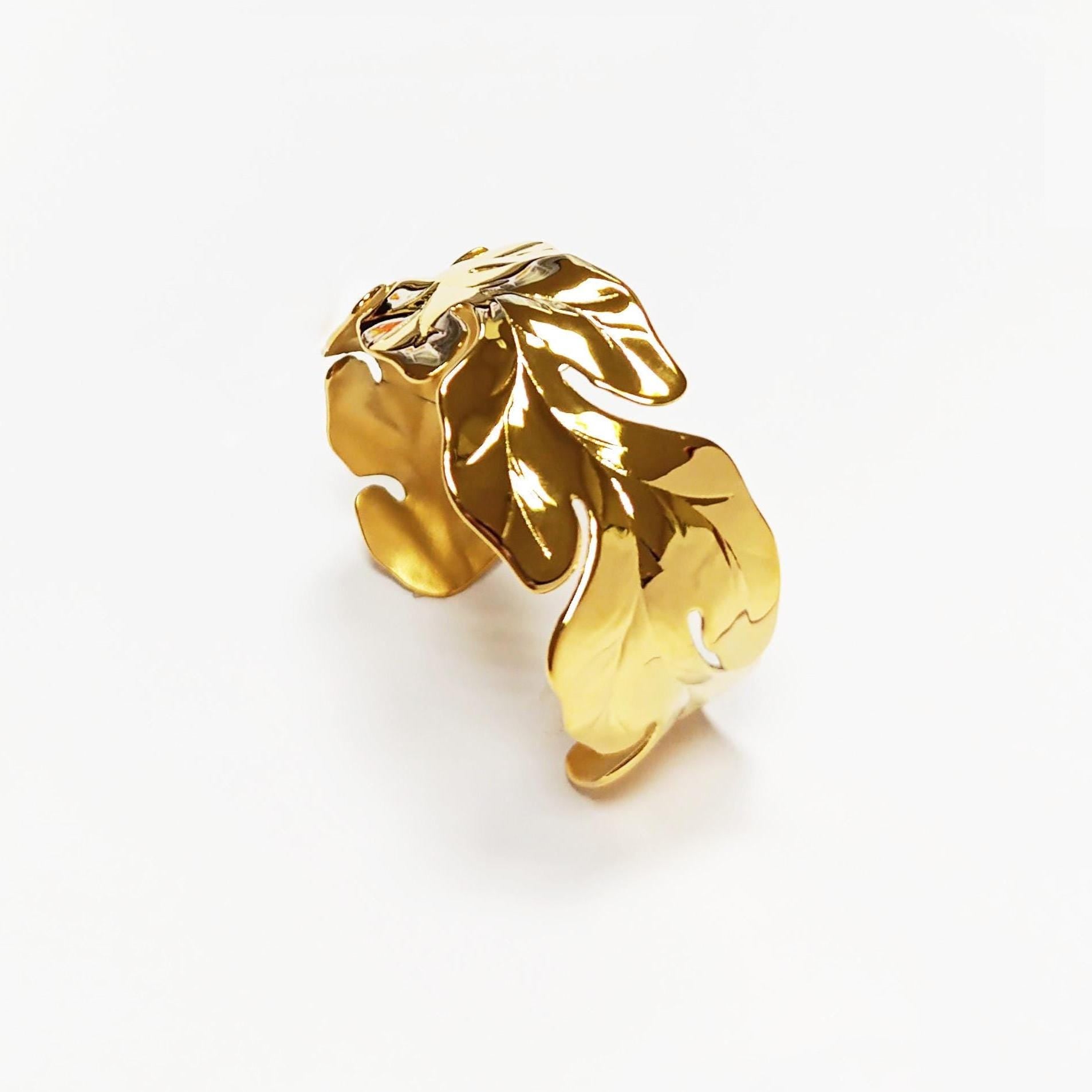 Tropical Leaf Cuff Bracelet • 18K Gold Filled • Nature Inspired Motif Open Wide Bangle • Boho Foliage Jewelry • Unique Woman Botanical Gift