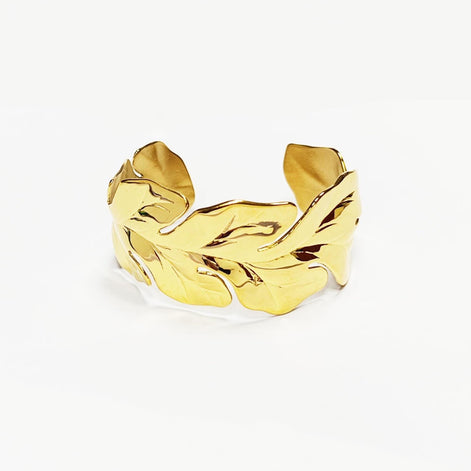 Tropical Leaf Cuff Bracelet • 18K Gold Filled • Nature Inspired Motif Open Wide Bangle • Boho Foliage Jewelry • Unique Woman Botanical Gift