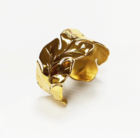 Tropical Leaf Cuff Bracelet • 18K Gold Filled • Nature Inspired Motif Open Wide Bangle • Boho Foliage Jewelry • Unique Woman Botanical Gift
