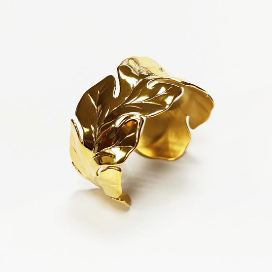 Tropical Leaf Cuff Bracelet • 18K Gold Filled • Nature Inspired Motif Open Wide Bangle • Boho Foliage Jewelry • Unique Woman Botanical Gift