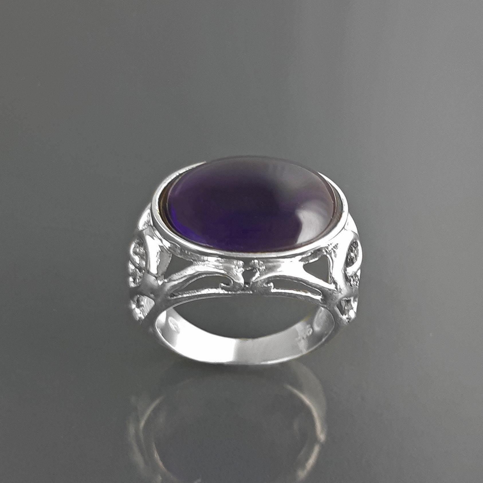 boho amethyst ring, sterling silver, genuine purple amethyst stone ring, vintage art nouveau jewelry art deco