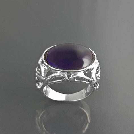 boho amethyst ring, sterling silver, genuine purple amethyst stone ring, vintage art nouveau jewelry art deco