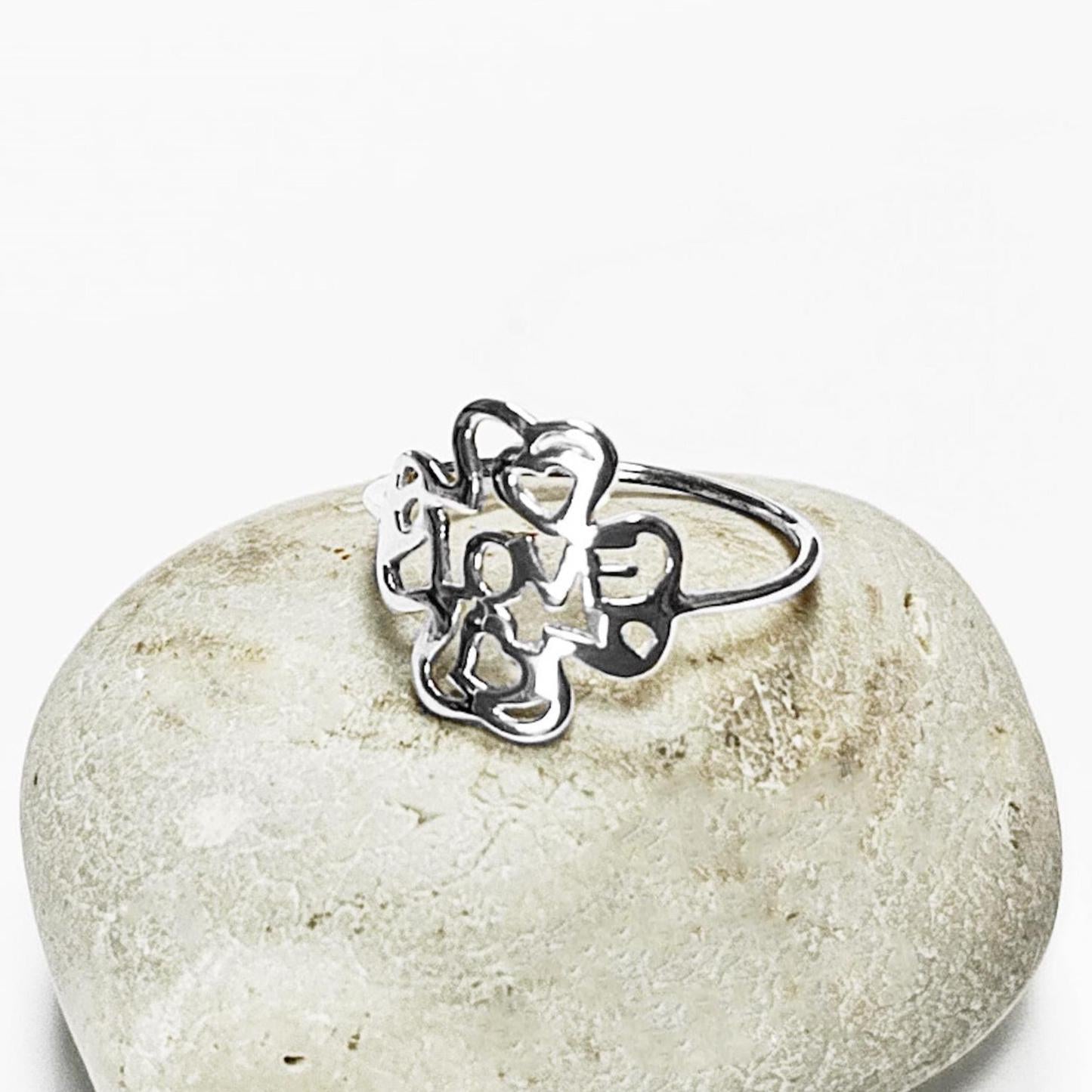 LOVE Clover Ring, Sterling Silver, Four Leaf Lucky Charm, Love Ring, Best Friends Ring, Girlfriend, Irish Saint Patrick Day Gift