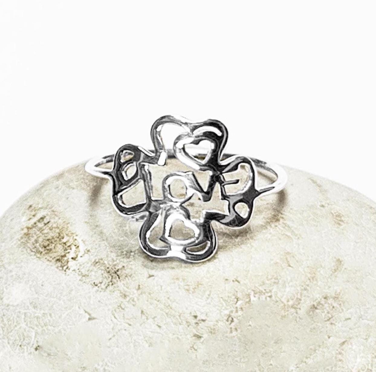 LOVE Clover Ring, Sterling Silver, Four Leaf Lucky Charm, Love Ring, Best Friends Ring, Girlfriend, Irish Saint Patrick Day Gift