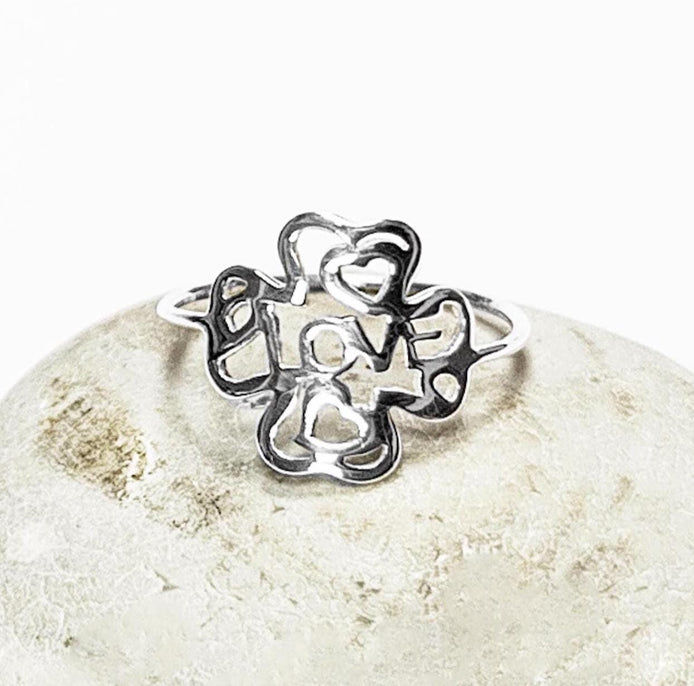 LOVE Clover Ring, Sterling Silver, Four Leaf Lucky Charm, Love Ring, Best Friends Ring, Girlfriend, Irish Saint Patrick Day Gift