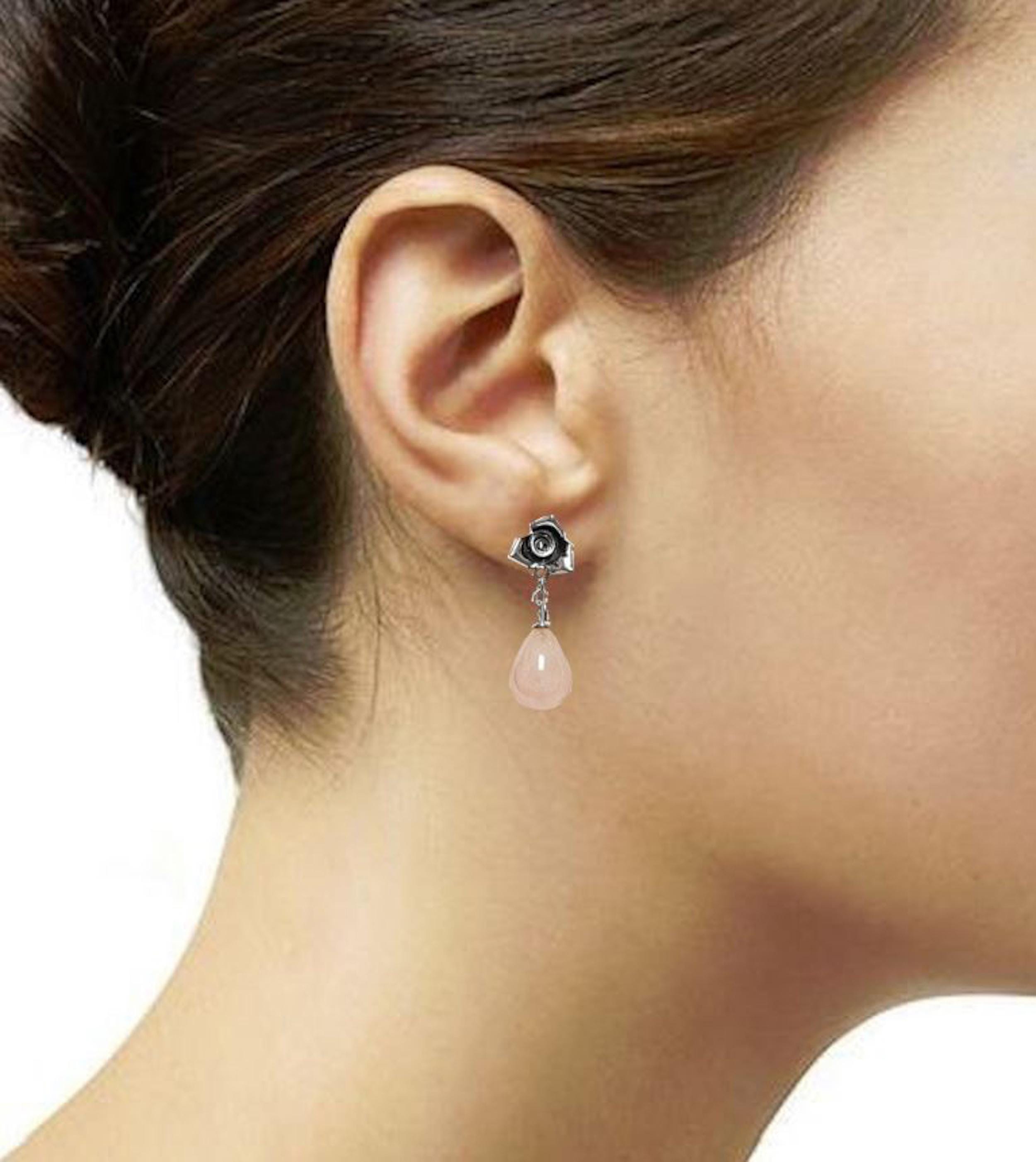 Sterling Silver Rose Earrings • Pink Quartz Dangle, Vintage Style, Flower Earrings