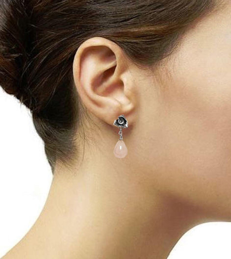 Sterling Silver Rose Earrings • Pink Quartz Dangle, Vintage Style, Flower Earrings