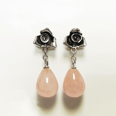 Sterling Silver Rose Earrings • Pink Quartz Dangle, Vintage Style, Flower Earrings
