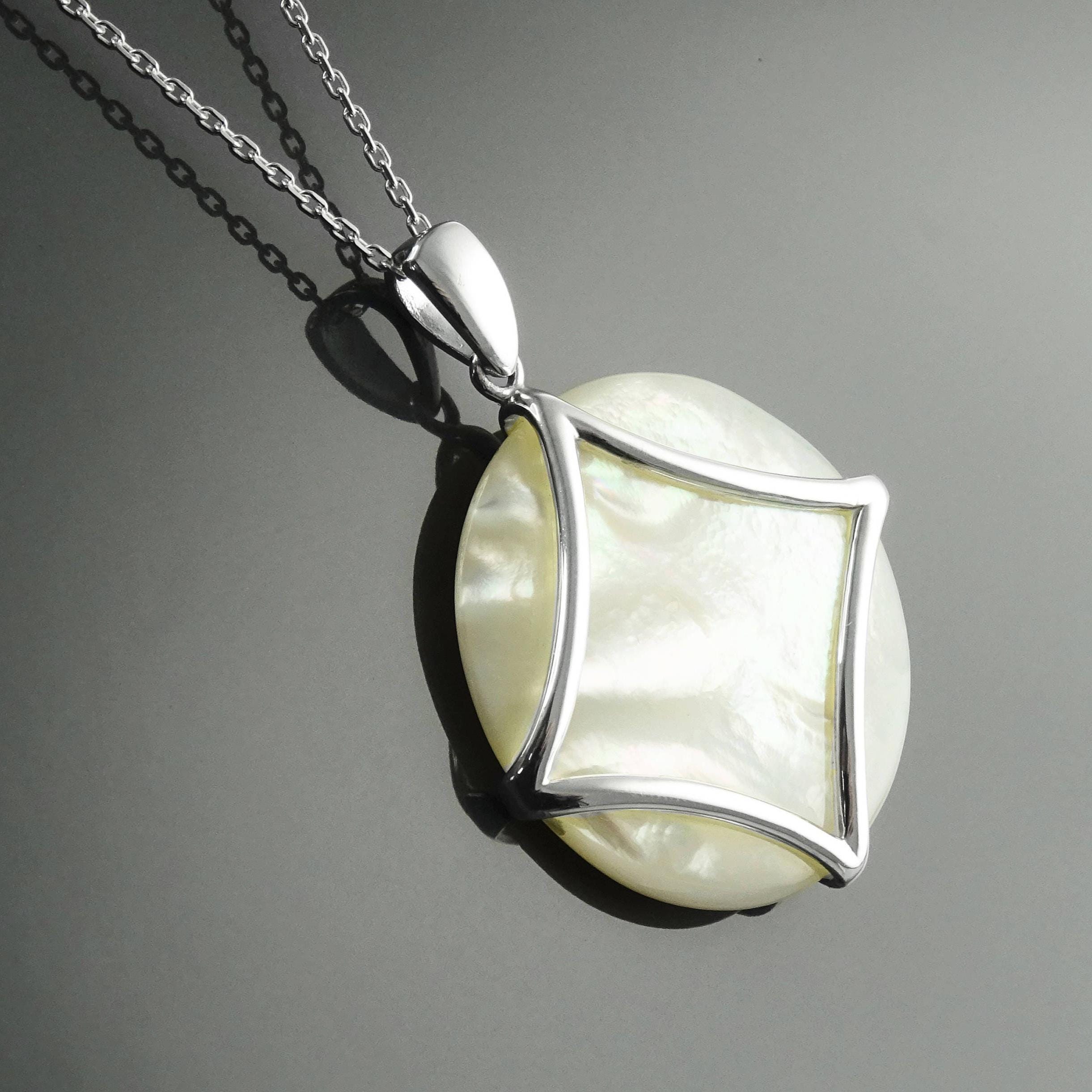 White Round Pendant, Sterling Silver, Genuine White Mother of Pearl Shell, Minimalist Modern Geometric Stone Necklace, Statement jewelry