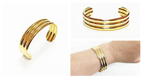 Triple Row Gold Cuff • 18K Gold Filled • Modern Stacked Three Rows Band Lines Open Bangle • Statement Minimalist Jewelry • Gift for Women