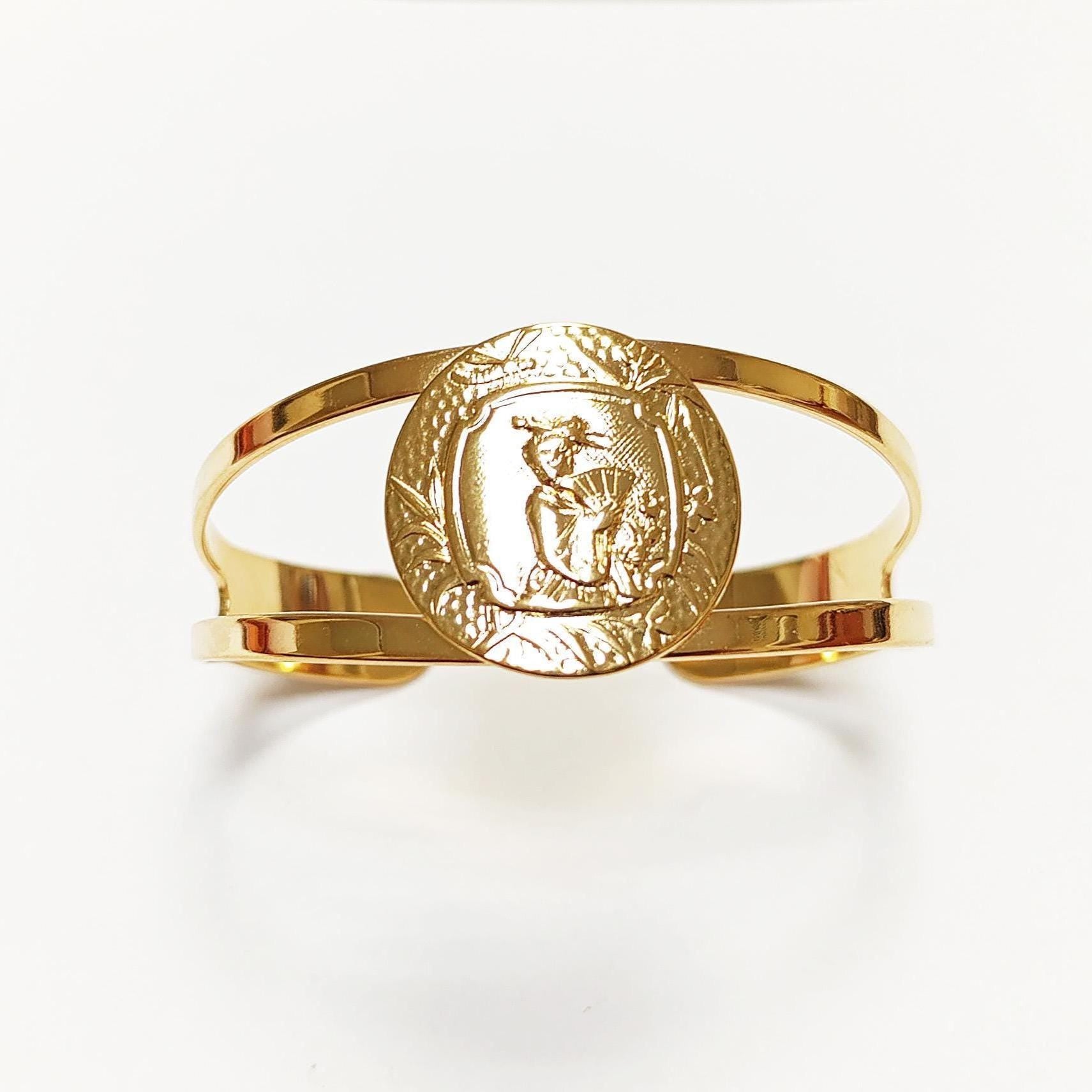 Japanese Art Deco Cuff Bracelet • 18K Gold Plated Open Bangle with Intricate Oriental Patterns Jewelry • Asian Antique Inspired Gift for Her