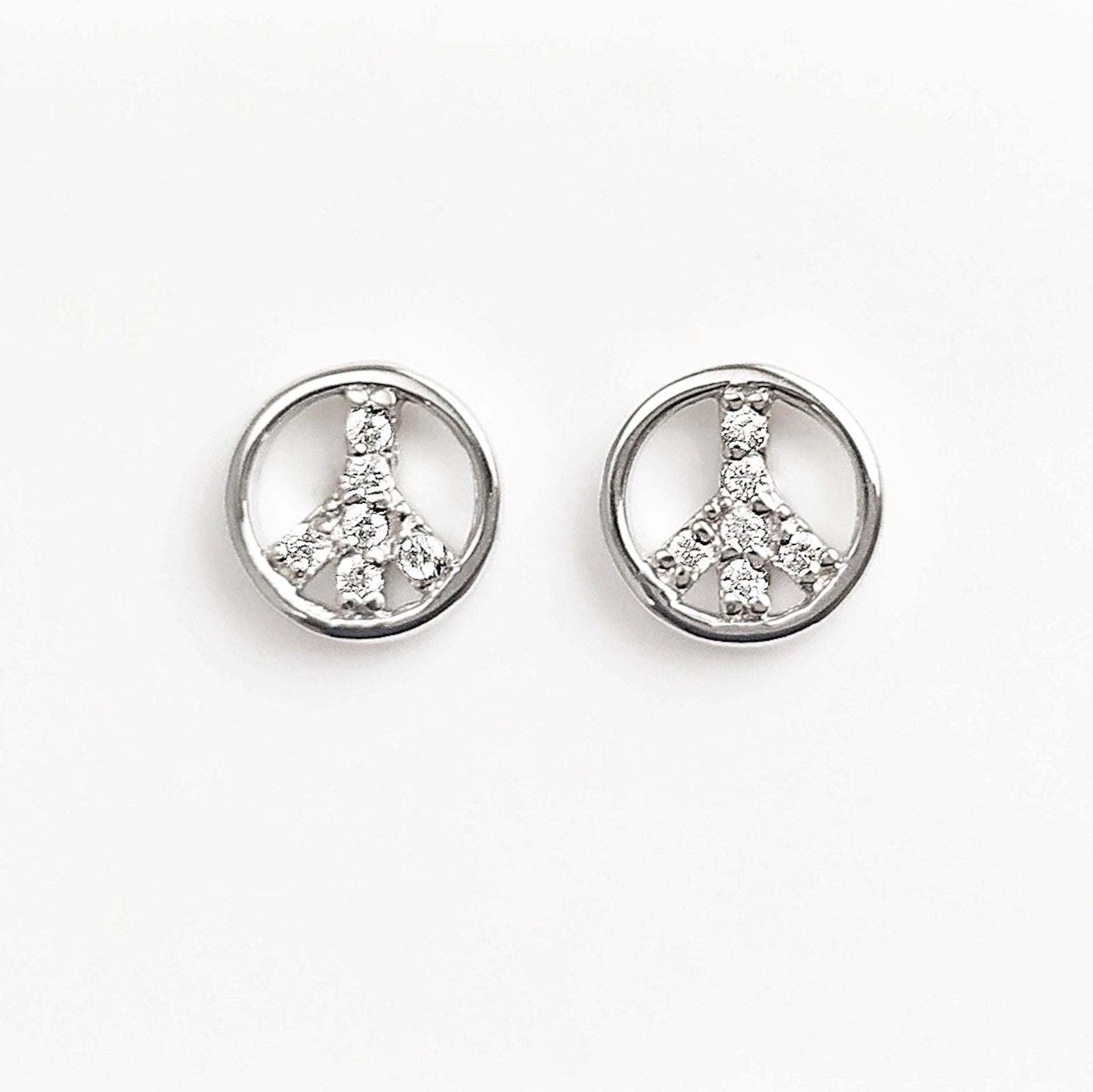 Peace & Love Earrings, Sterling Silver 925, Love and Peace Symbol Sign Stud Earrings, Boho Hipster 70's Icon Jewelry, White Cz stone