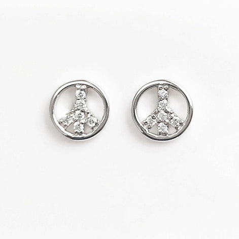 Peace & Love Earrings, Sterling Silver 925, Love and Peace Symbol Sign Stud Earrings, Boho Hipster 70's Icon Jewelry, White Cz stone